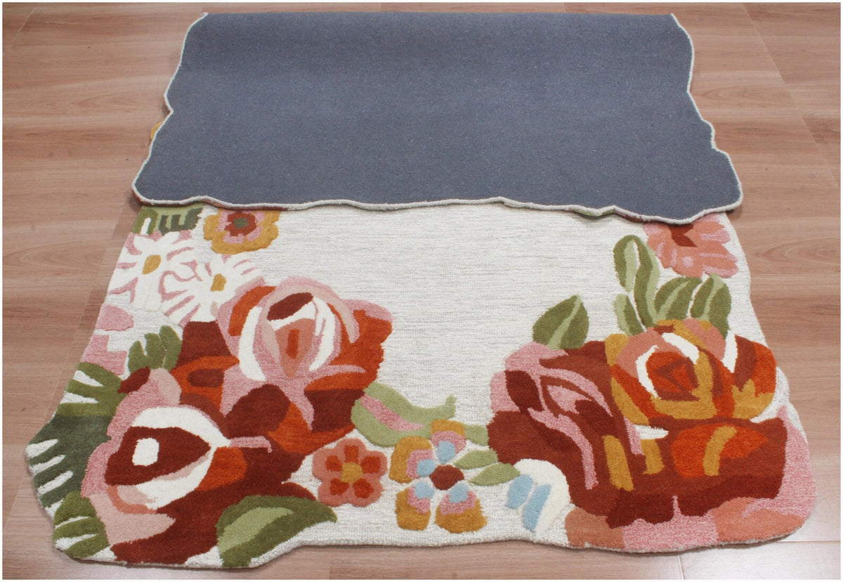 Custom Size Ivory Floral Hand-Tufted Wool Floral Area Rug – Modern Botanical Accent Carpet with Scalloped Edge for Living Room & Bedroom