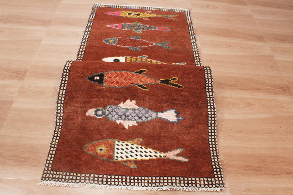 Hand-Knotted Wool Koi Fish Runner – Brown Artisan Fish Rug – Custom Sizes Available