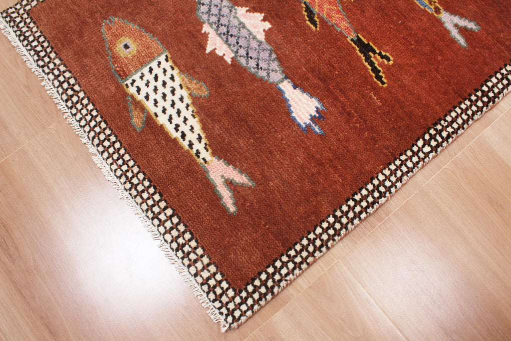 Hand-Knotted Wool Koi Fish Runner – Brown Artisan Fish Rug – Custom Sizes Available