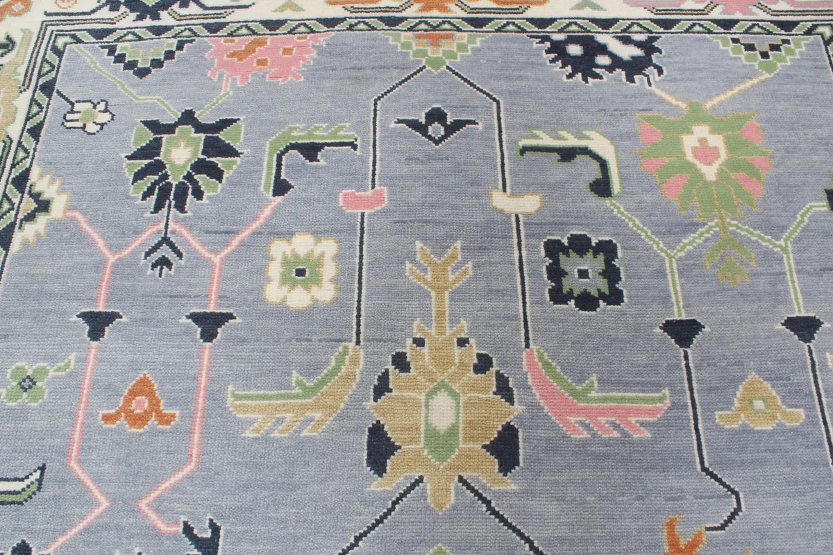 Custom Size Hand-Knotted Wool Area Rug - Traditional Motifs in Soft Blue, Blush & Charcoal