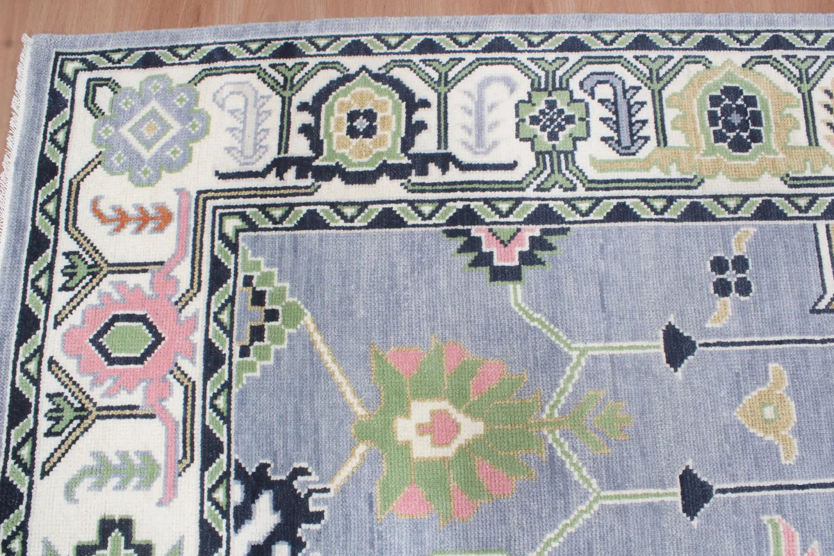 Custom Size Hand-Knotted Wool Area Rug - Traditional Motifs in Soft Blue, Blush & Charcoal