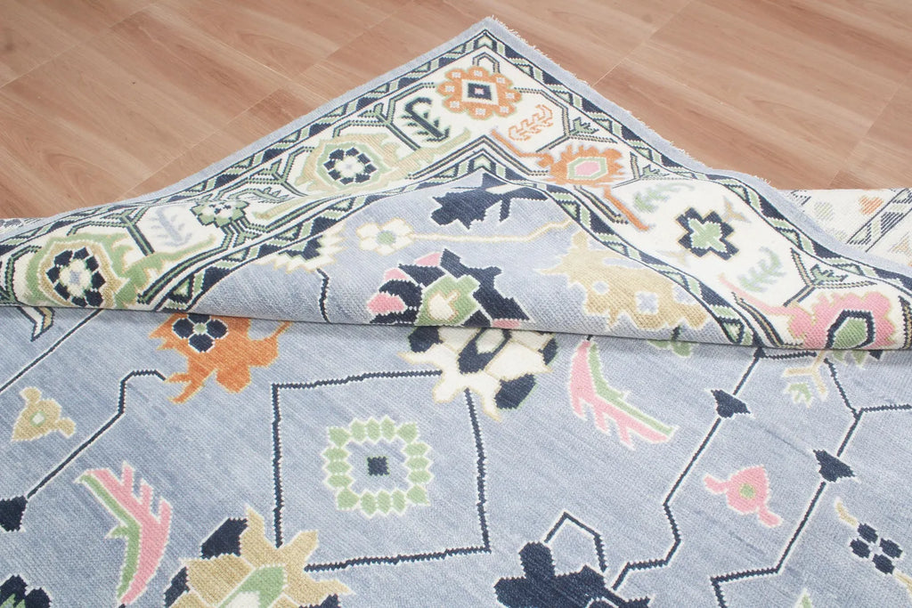 Custom Size Hand-Knotted Wool Area Rug - Traditional Motifs in Soft Blue, Blush & Charcoal