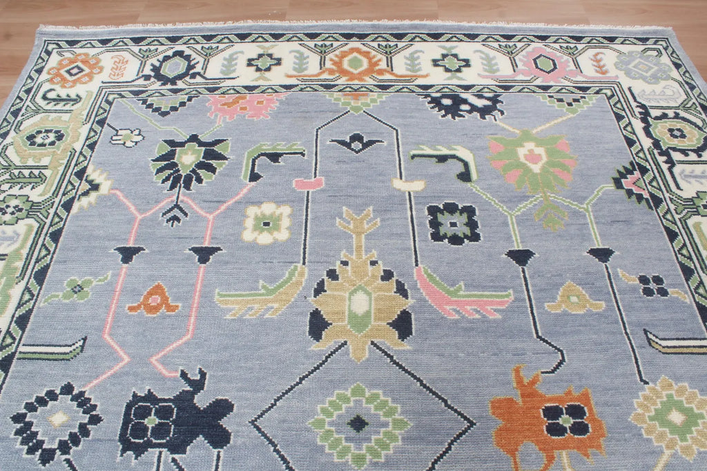 Custom Size Hand-Knotted Wool Area Rug - Traditional Motifs in Soft Blue, Blush & Charcoal