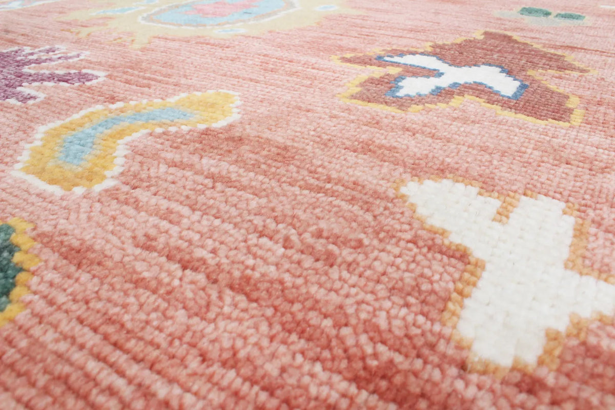 Hand-Knotted Wool Area Rug – Terracotta & Multicolored Oushak Motif, Custom Size Artisanal Statement Carpet