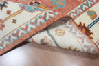 Hand-Knotted Wool Area Rug – Terracotta & Multicolored Oushak Motif, Custom Size Artisanal Statement Carpet
