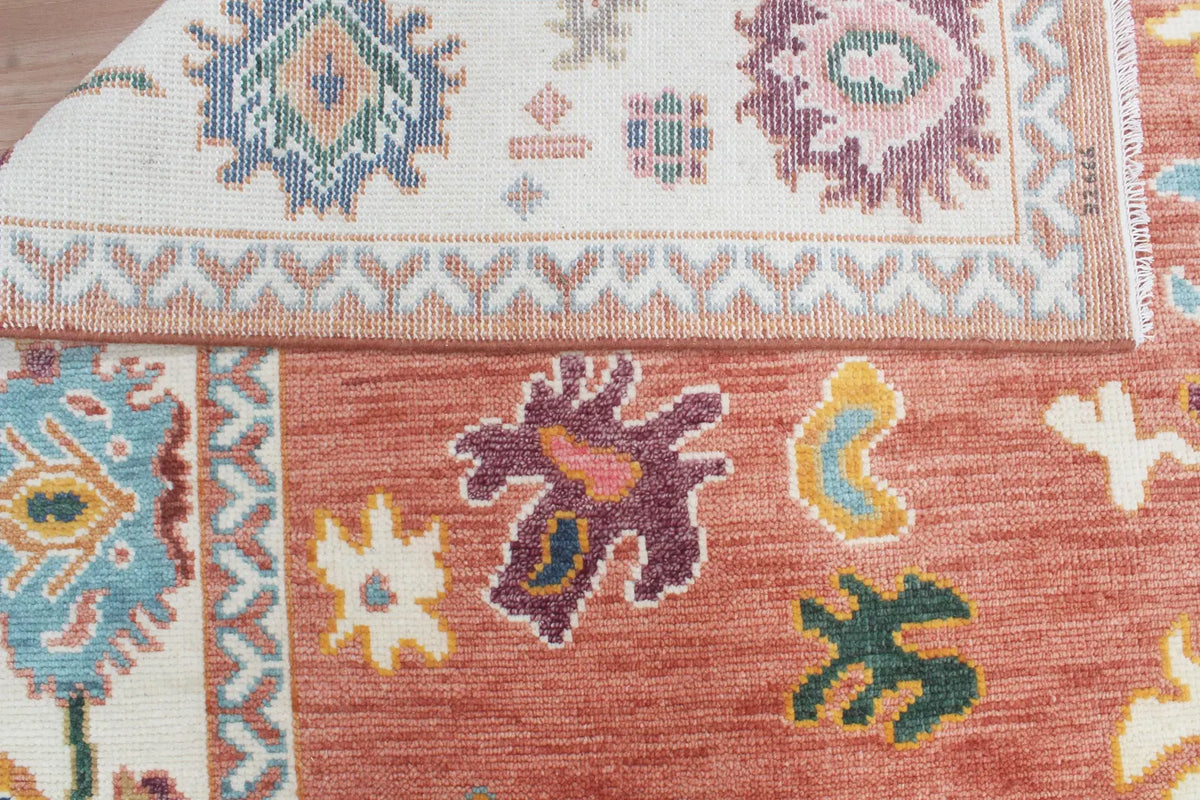 Hand-Knotted Wool Area Rug – Terracotta & Multicolored Oushak Motif, Custom Size Artisanal Statement Carpet