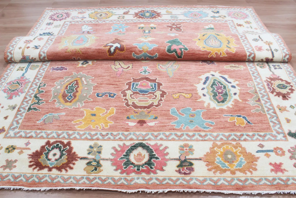 Hand-Knotted Wool Area Rug – Terracotta & Multicolored Oushak Motif, Custom Size Artisanal Statement Carpet