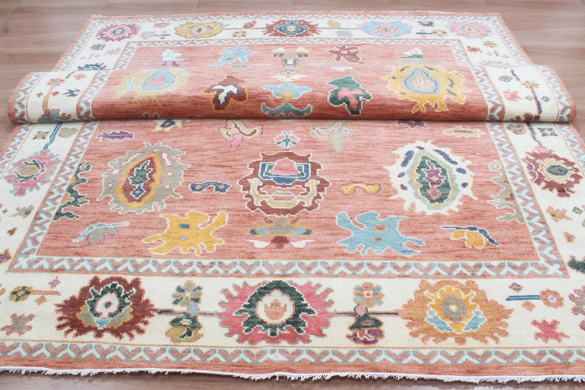 Hand-Knotted Wool Area Rug – Terracotta & Multicolored Oushak Motif, Custom Size Artisanal Statement Carpet
