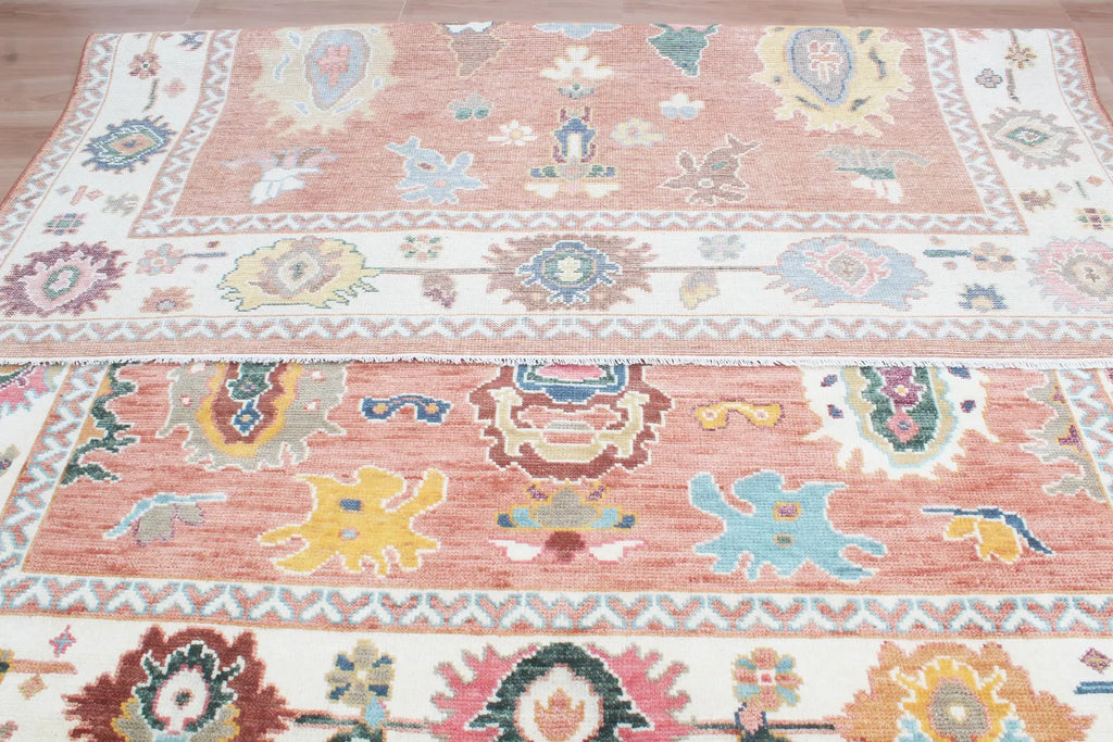 Hand-Knotted Wool Area Rug – Terracotta & Multicolored Oushak Motif, Custom Size Artisanal Statement Carpet