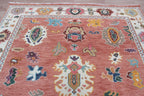 Hand-Knotted Wool Area Rug – Terracotta & Multicolored Oushak Motif, Custom Size Artisanal Statement Carpet