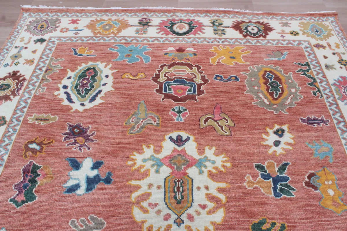 Hand-Knotted Wool Area Rug – Terracotta & Multicolored Oushak Motif, Custom Size Artisanal Statement Carpet