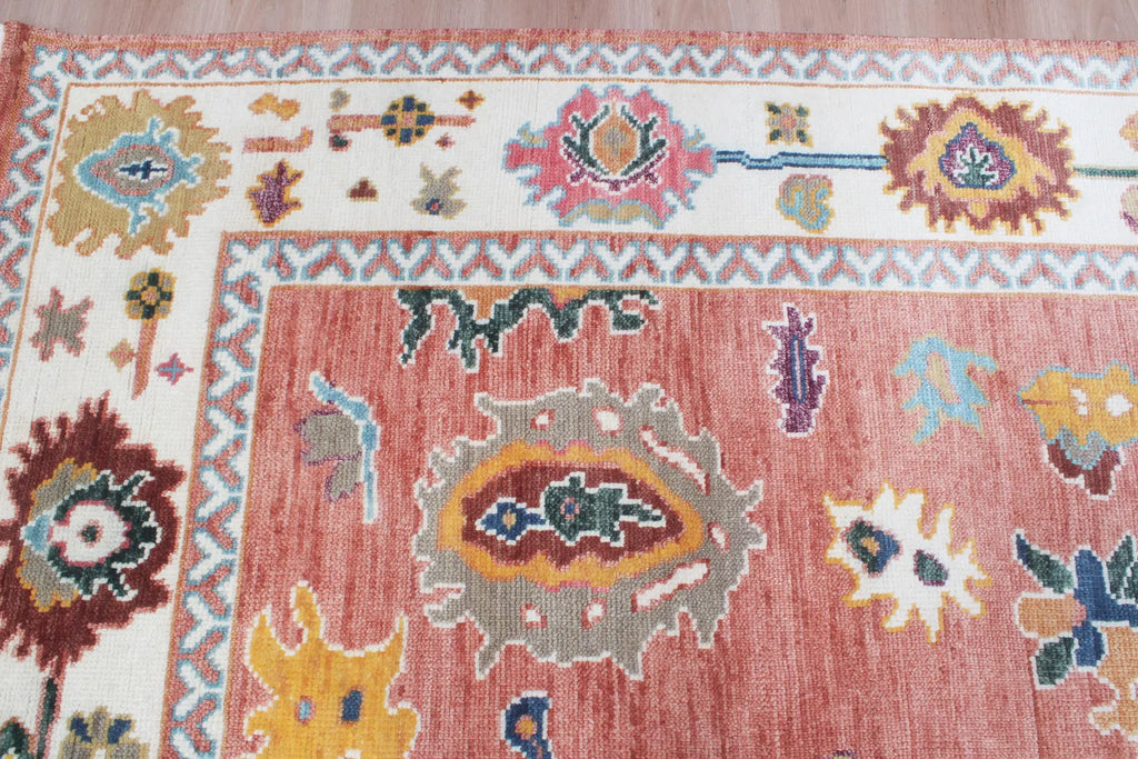 Hand-Knotted Wool Area Rug – Terracotta & Multicolored Oushak Motif, Custom Size Artisanal Statement Carpet