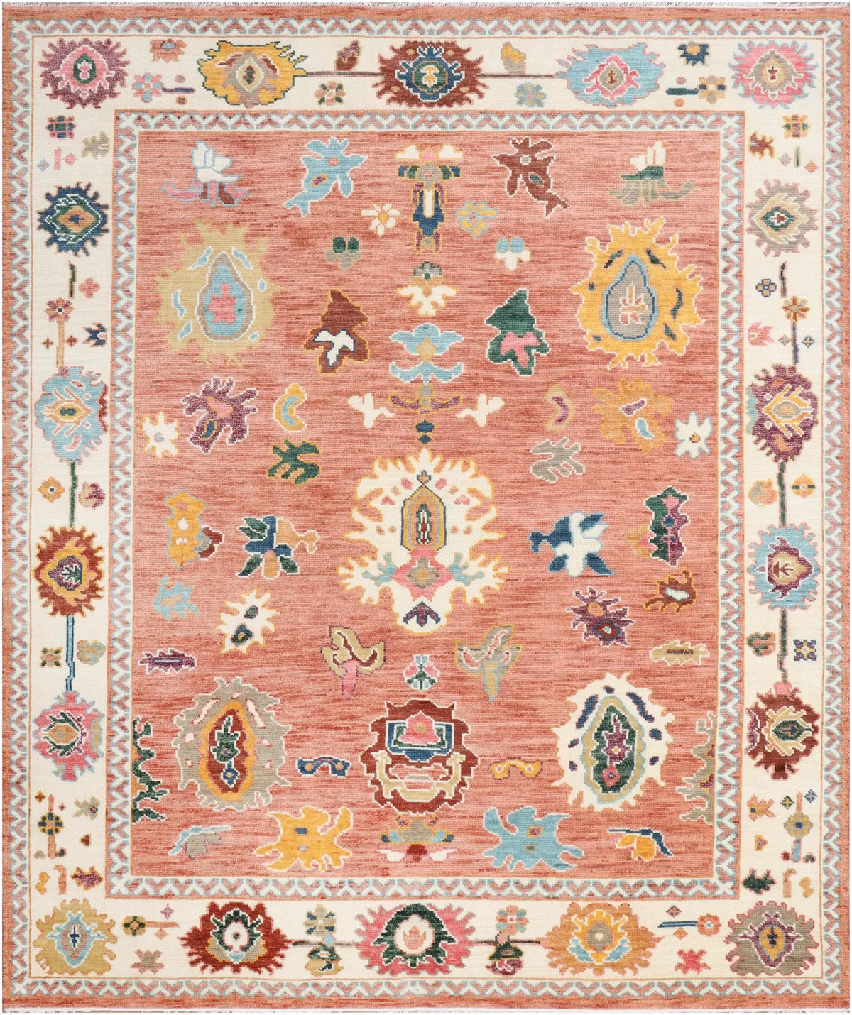 Hand-Knotted Wool Area Rug – Terracotta & Multicolored Oushak Motif, Custom Size Artisanal Statement Carpet