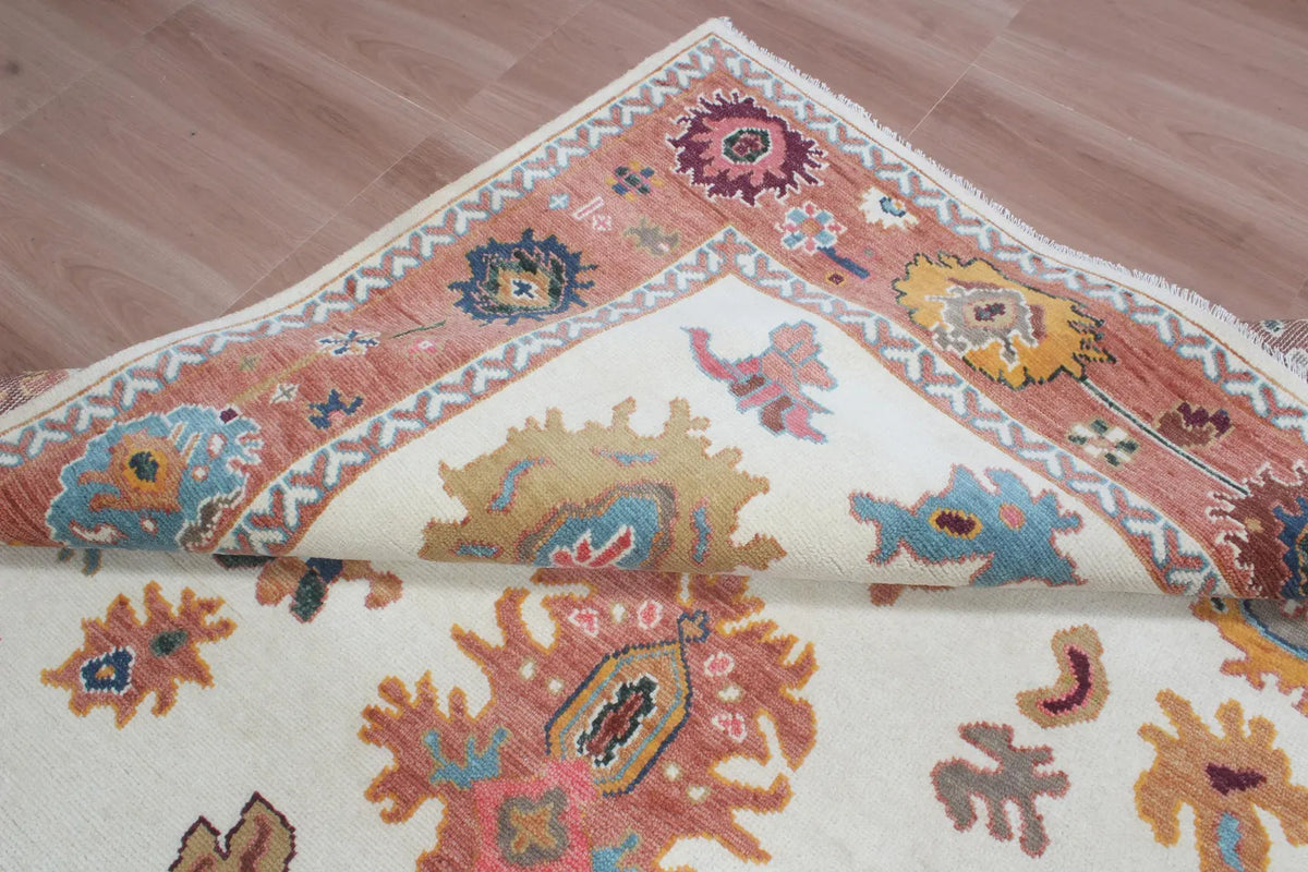 Terracotta & Ivory Hand-Knotted Wool Area Rug – Artisan Oushak-Style Statement Rug with for Living Room, Dining Room, or Bedroom, custom size rug