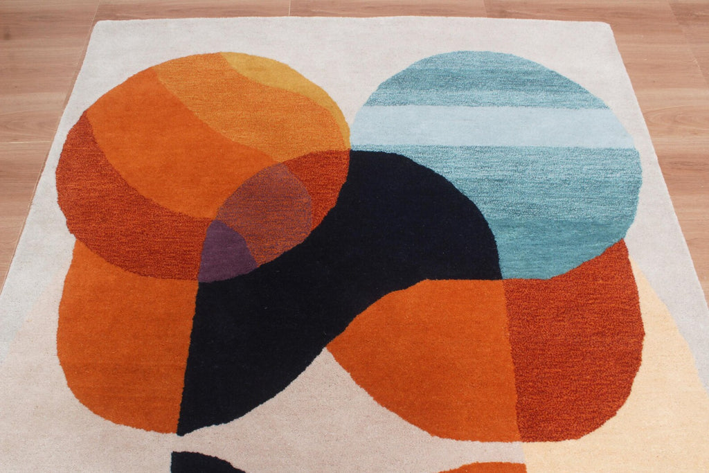 Burnt Orange & Blue Abstract Geometric Wool Hand-Tufted Rug – High-Traffic Modern Area Rug, Custom size rug