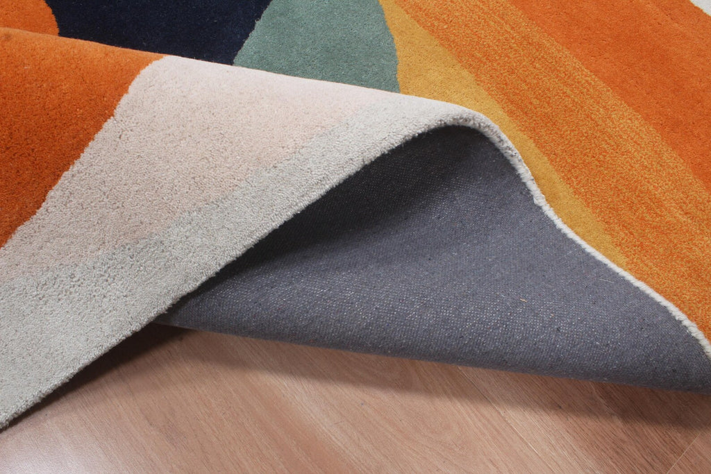Burnt Orange & Blue Abstract Geometric Wool Hand-Tufted Rug – High-Traffic Modern Area Rug, Custom size rug