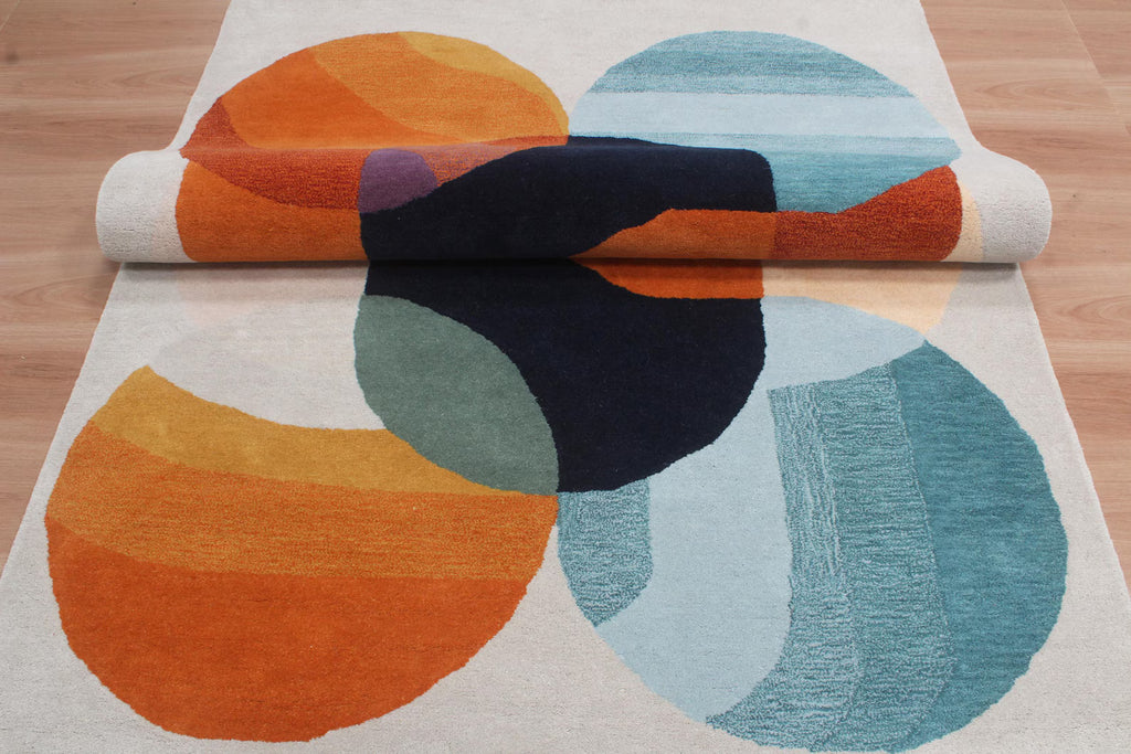 Burnt Orange & Blue Abstract Geometric Wool Hand-Tufted Rug – High-Traffic Modern Area Rug, Custom size rug