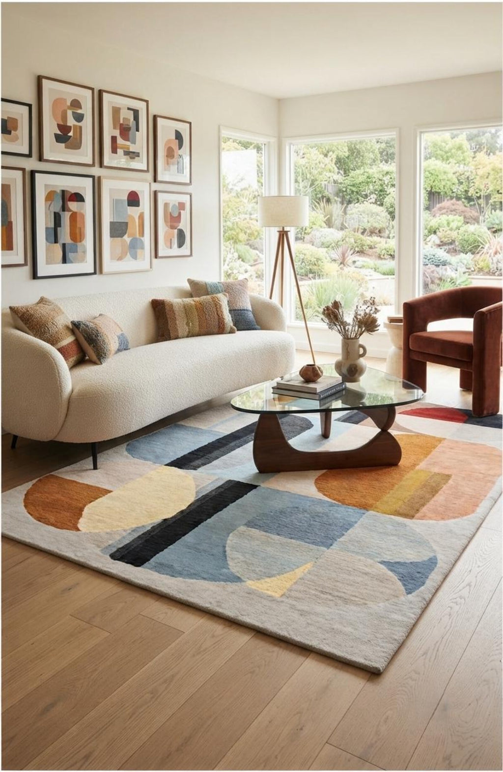 Custom Geometric Modern Hand-Tufted Wool Area Rug | High-Traffic Durable Floor Art, Orange and blue custom size carpet