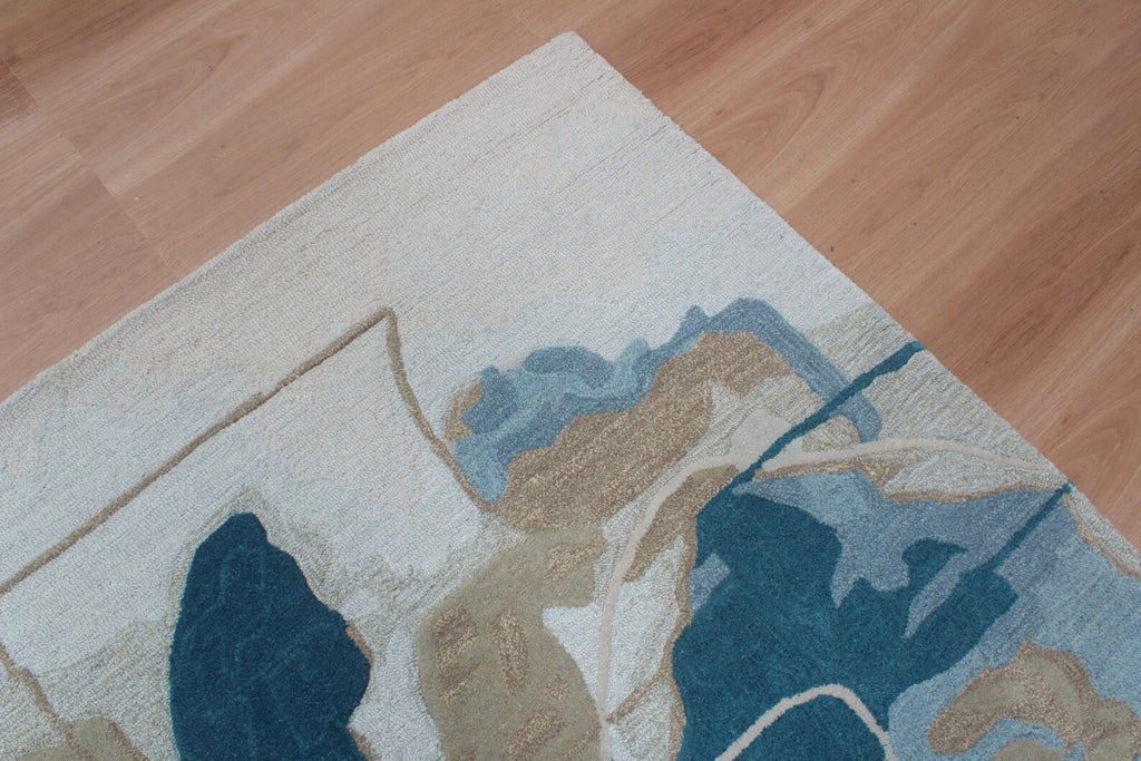 Modern Abstract Wool Hand Tufted Rug – Contemporary Blue & Beige Custom Size Area Rug for Living Room & Bedroom