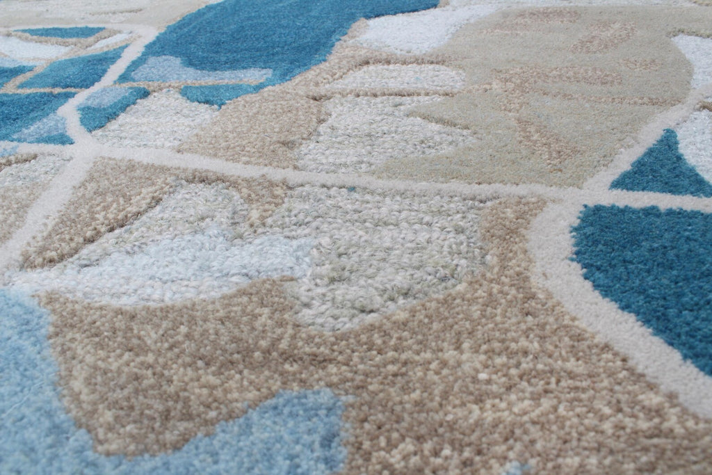 Modern Abstract Wool Hand Tufted Rug – Contemporary Blue & Beige Custom Size Area Rug for Living Room & Bedroom