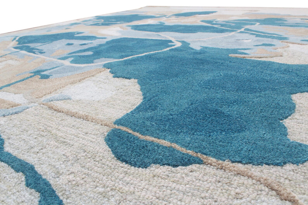 Modern Abstract Wool Hand Tufted Rug – Contemporary Blue & Beige Custom Size Area Rug for Living Room & Bedroom
