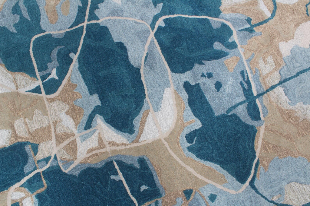 Modern Abstract Wool Hand Tufted Rug – Contemporary Blue & Beige Custom Size Area Rug for Living Room & Bedroom