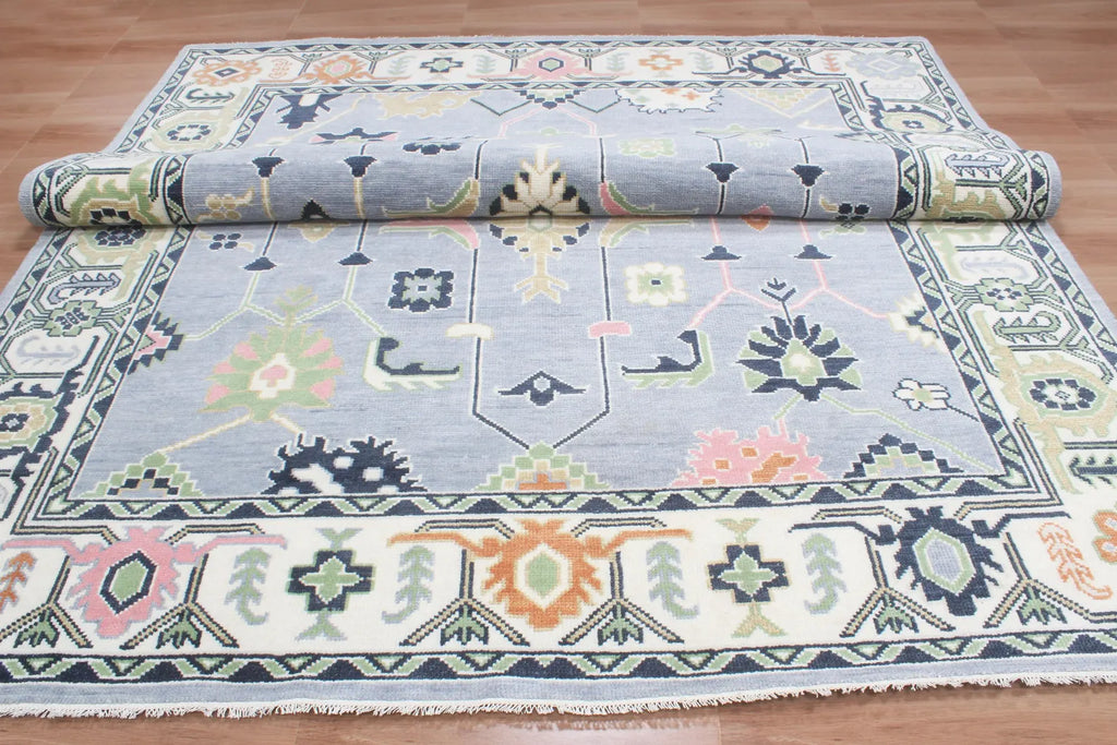 Custom Size Hand-Knotted Wool Area Rug - Traditional Motifs in Soft Blue, Blush & Charcoal