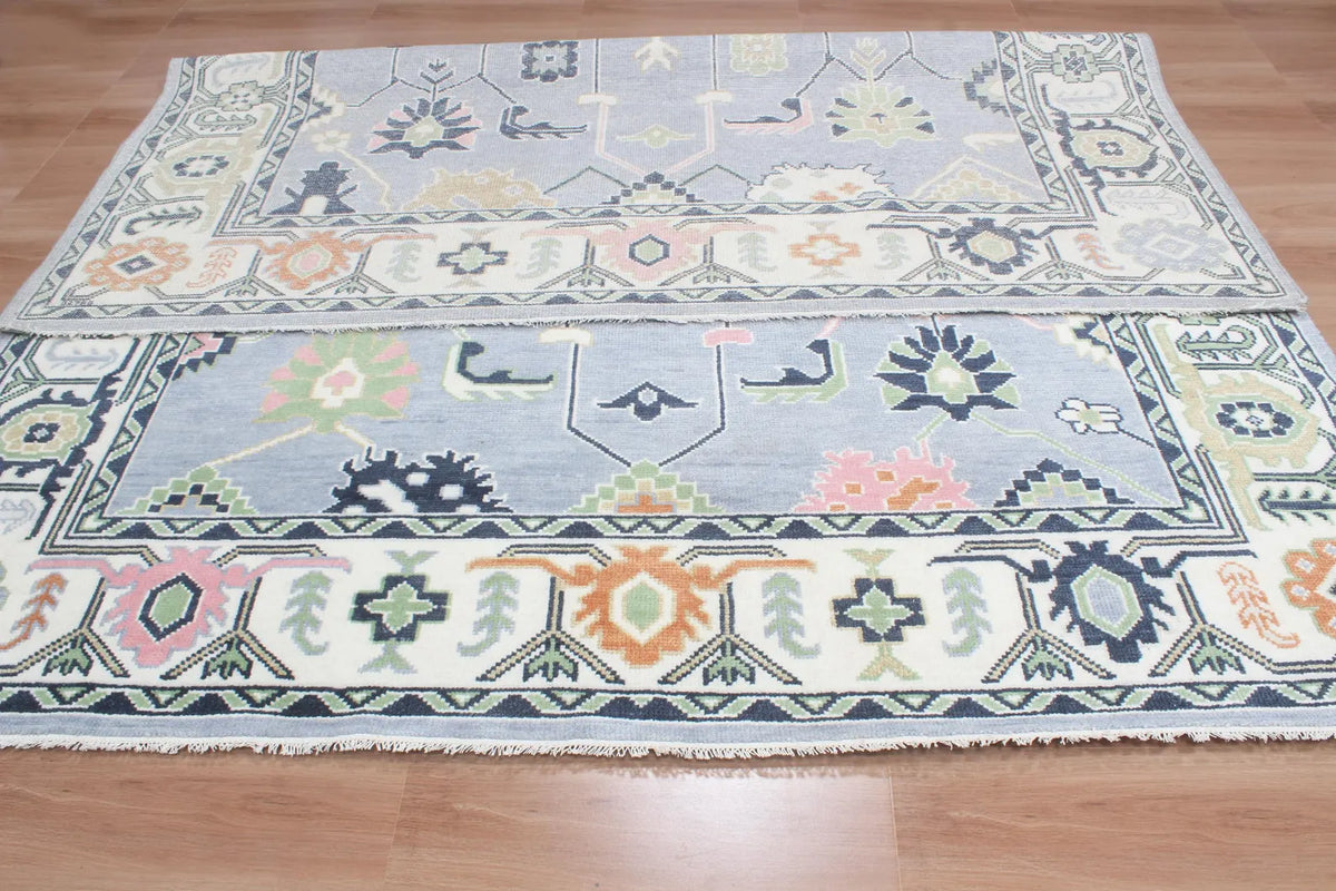 Custom Size Hand-Knotted Wool Area Rug - Traditional Motifs in Soft Blue, Blush & Charcoal