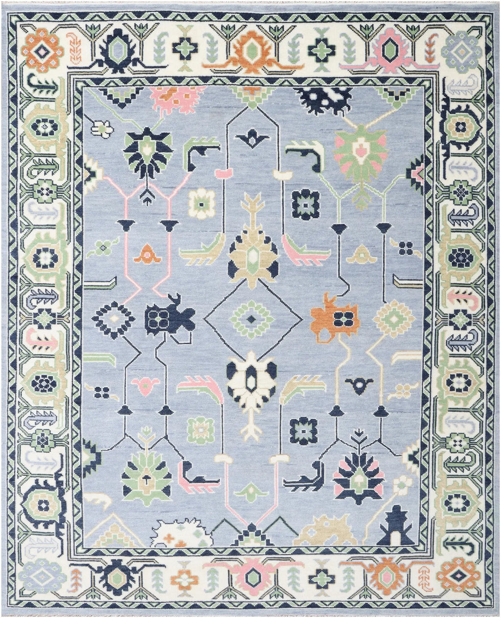 Custom Size Hand-Knotted Wool Area Rug - Traditional Motifs in Soft Blue, Blush & Charcoal