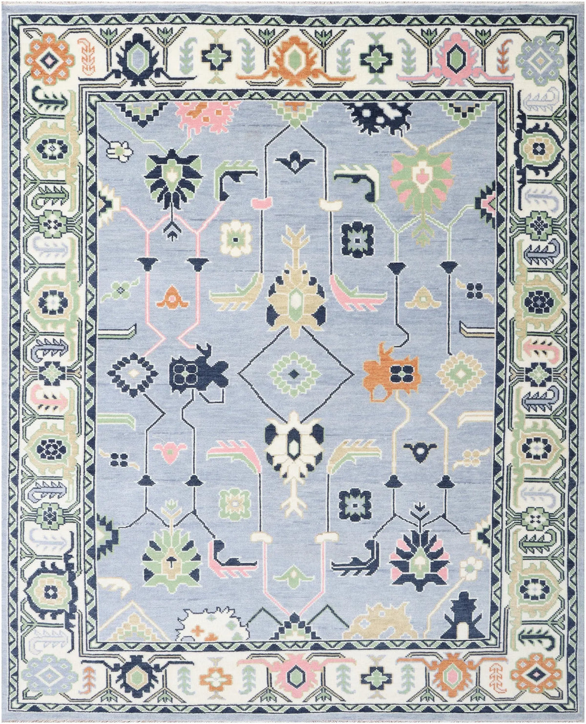 Custom Size Hand-Knotted Wool Area Rug - Traditional Motifs in Soft Blue, Blush & Charcoal