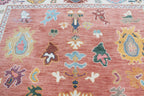 Hand-Knotted Wool Area Rug – Terracotta & Multicolored Oushak Motif, Custom Size Artisanal Statement Carpet