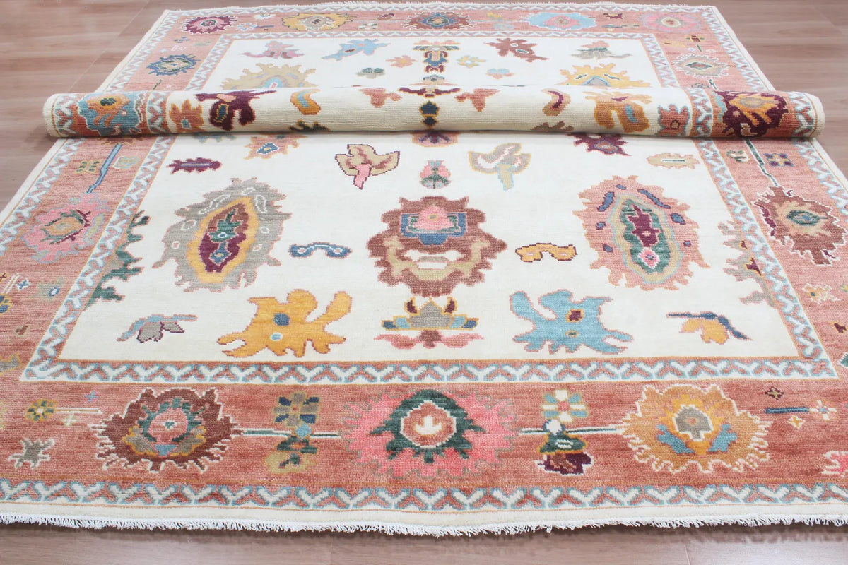 Terracotta & Ivory Hand-Knotted Wool Area Rug – Artisan Oushak-Style Statement Rug with for Living Room, Dining Room, or Bedroom, custom size rug
