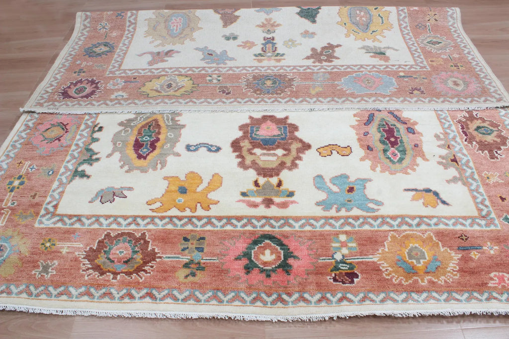 Terracotta & Ivory Hand-Knotted Wool Area Rug – Artisan Oushak-Style Statement Rug with for Living Room, Dining Room, or Bedroom, custom size rug