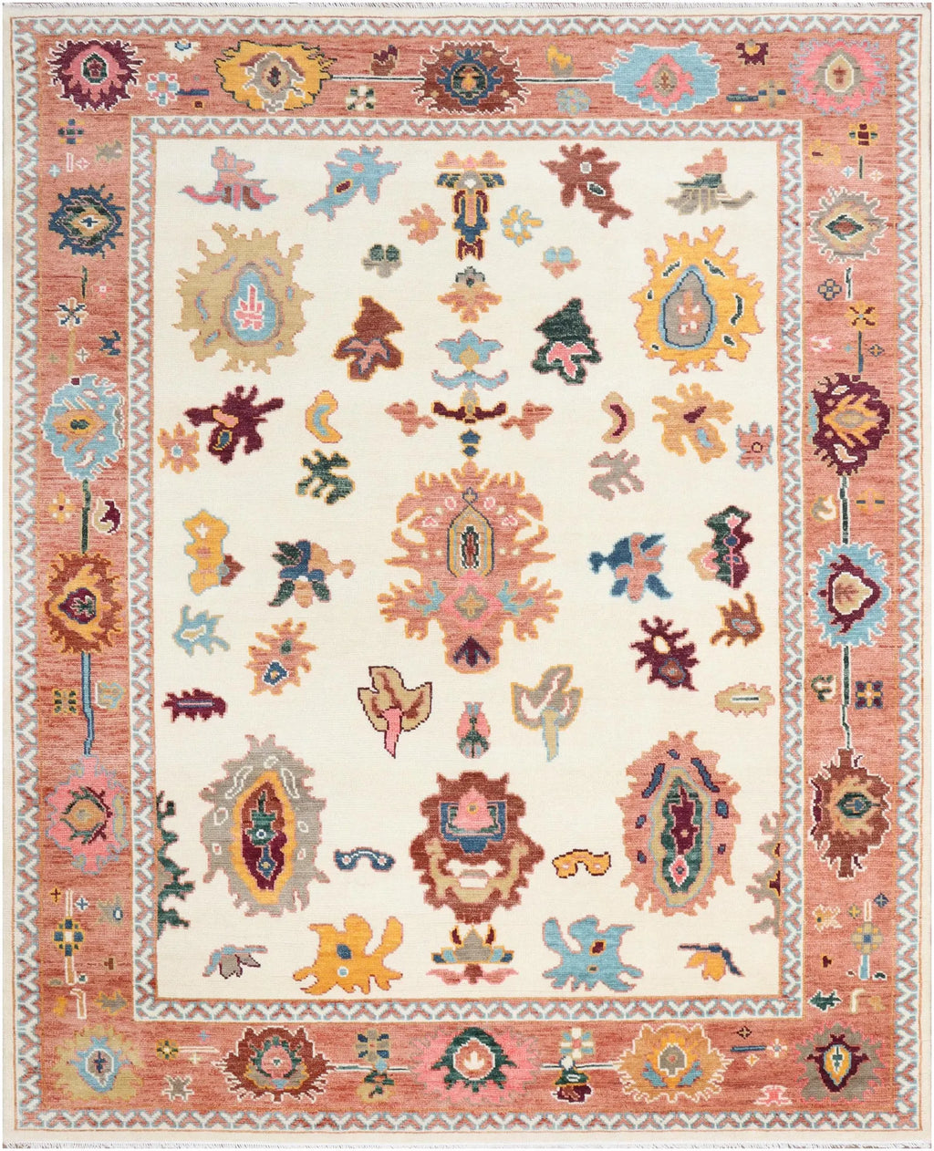 Terracotta & Ivory Hand-Knotted Wool Area Rug – Artisan Oushak-Style Statement Rug with for Living Room, Dining Room, or Bedroom, custom size rug