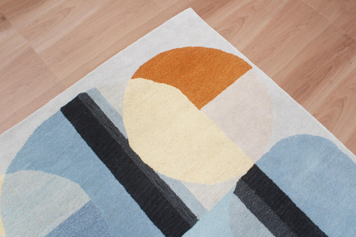 Custom Geometric Modern Hand-Tufted Wool Area Rug | High-Traffic Durable Floor Art, Orange and blue custom size carpet