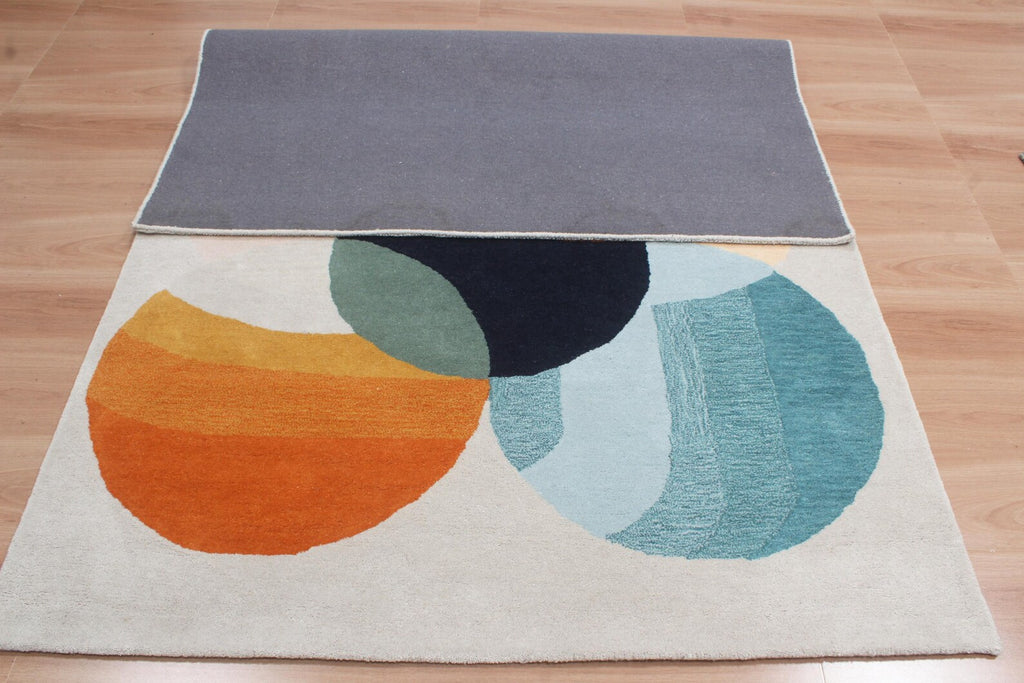 Burnt Orange & Blue Abstract Geometric Wool Hand-Tufted Rug – High-Traffic Modern Area Rug, Custom size rug