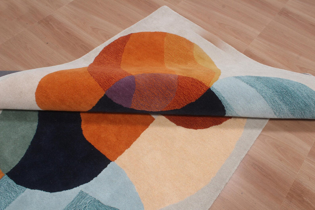 Burnt Orange & Blue Abstract Geometric Wool Hand-Tufted Rug – High-Traffic Modern Area Rug, Custom size rug