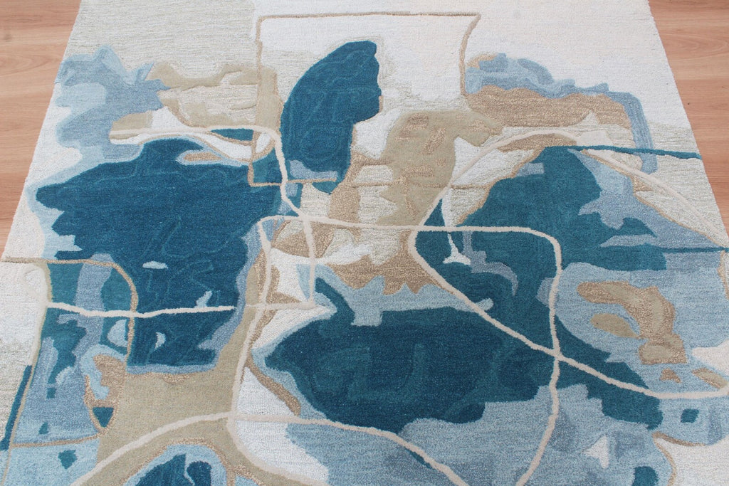 Modern Abstract Wool Hand Tufted Rug – Contemporary Blue & Beige Custom Size Area Rug for Living Room & Bedroom
