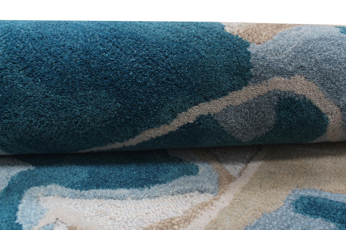 Modern Abstract Wool Hand Tufted Rug – Contemporary Blue & Beige Custom Size Area Rug for Living Room & Bedroom