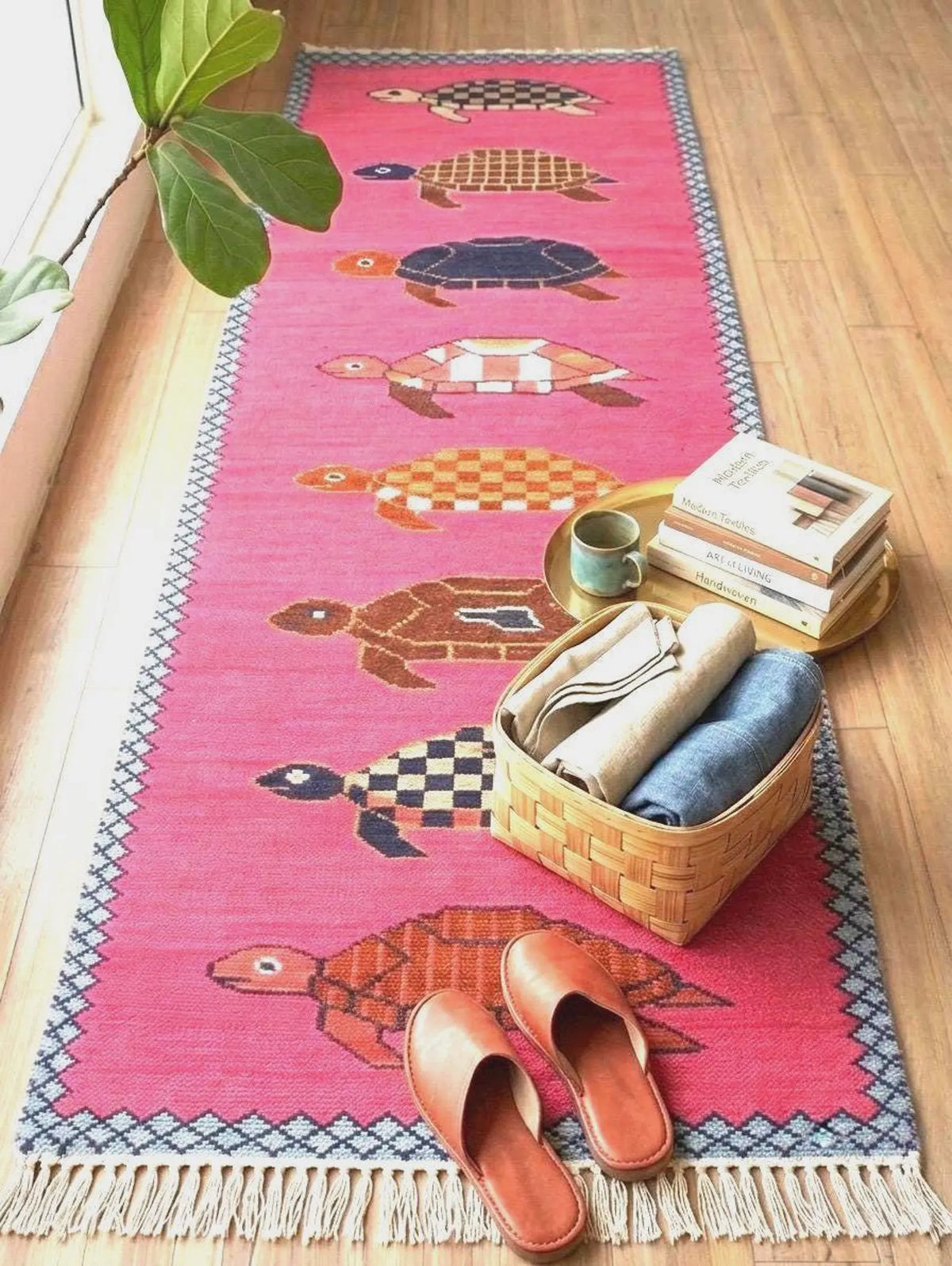 Hand-Knotted Wool Turtle Runner Rug – Custom Size Hot Pink Beach house Hallway Rug