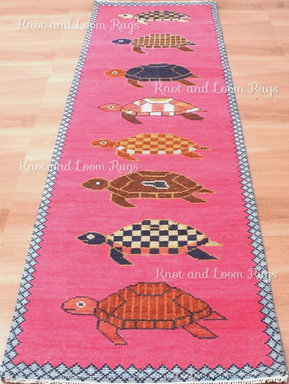 Hand-Knotted Wool Turtle Runner Rug – Custom Size Hot Pink Beach house Hallway Rug
