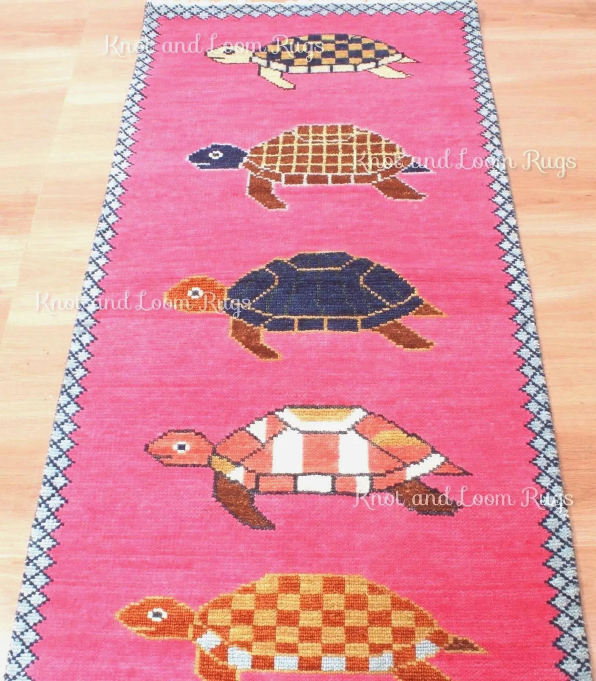 Hand-Knotted Wool Turtle Runner Rug – Custom Size Hot Pink Beach house Hallway Rug