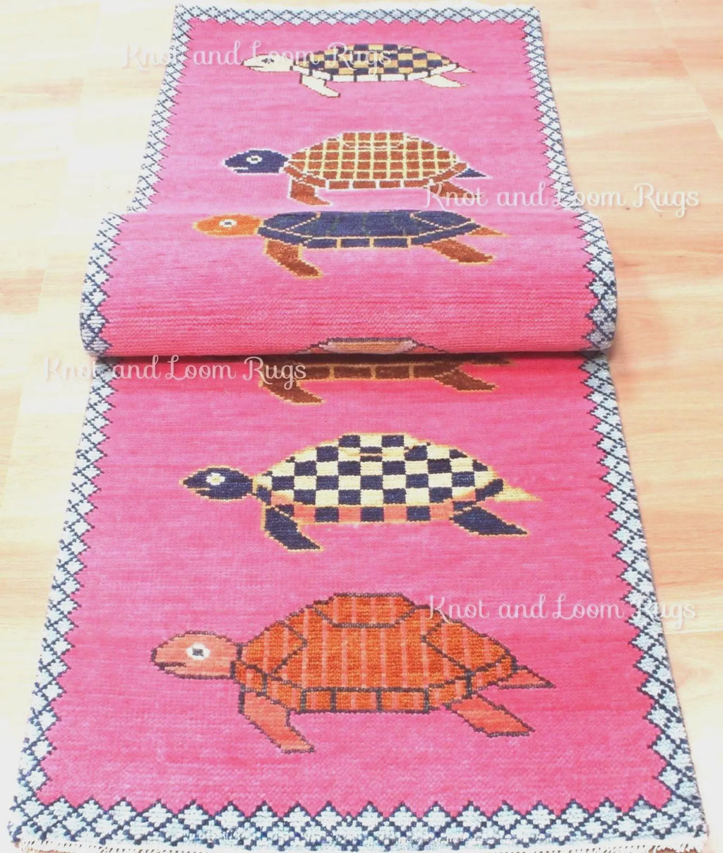 Hand-Knotted Wool Turtle Runner Rug – Custom Size Hot Pink Beach house Hallway Rug