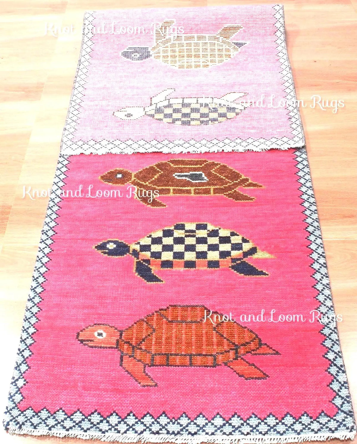 Hand-Knotted Wool Turtle Runner Rug – Custom Size Hot Pink Beach house Hallway Rug