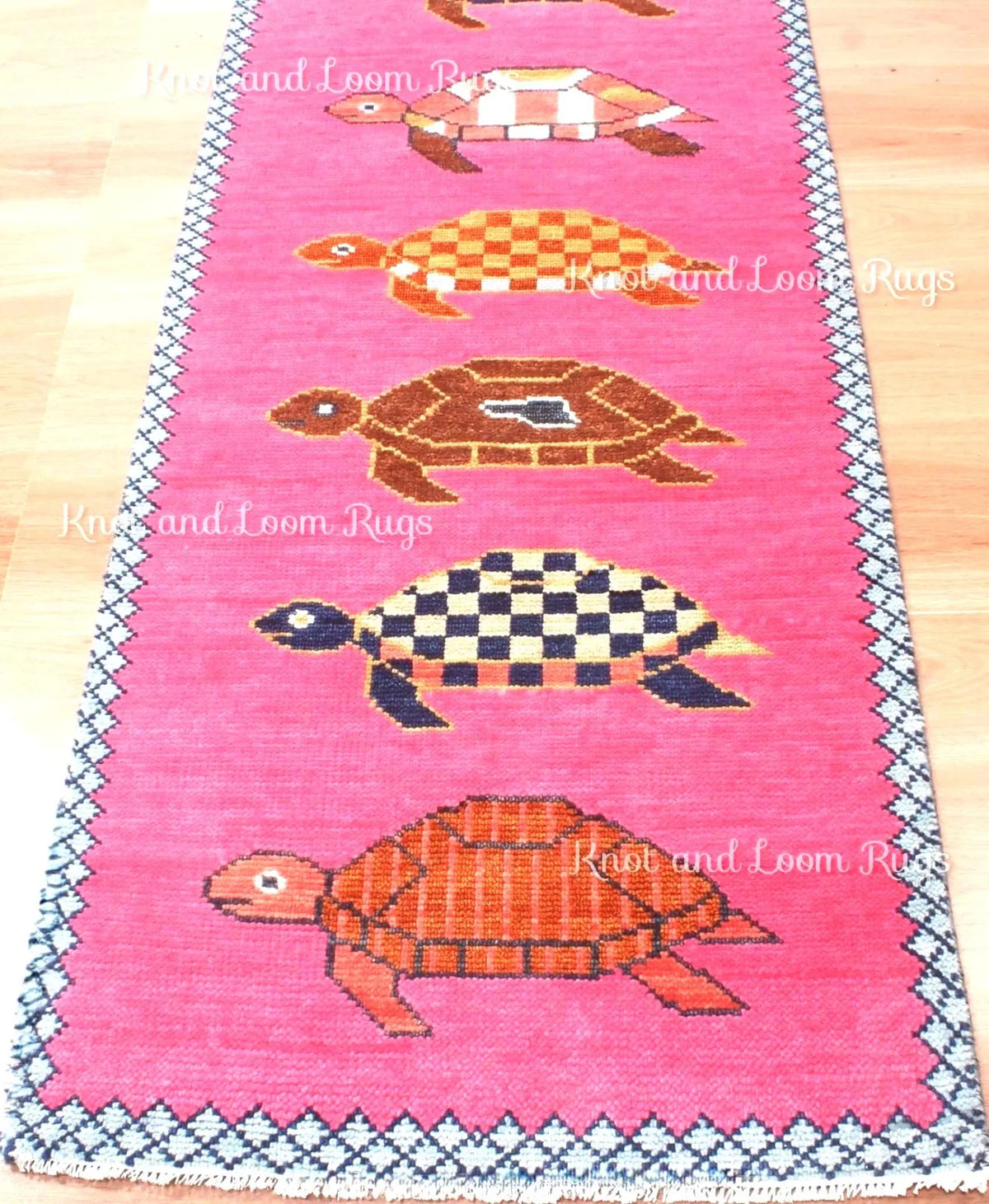 Hand-Knotted Wool Turtle Runner Rug – Custom Size Hot Pink Beach house Hallway Rug