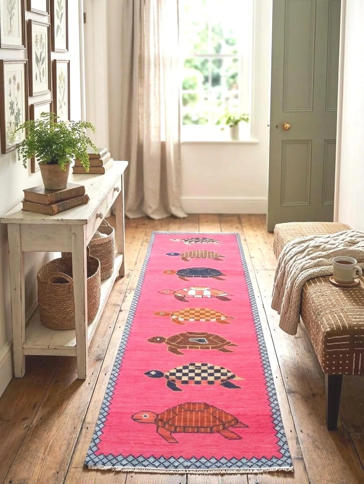 Hand-Knotted Wool Turtle Runner Rug – Custom Size Hot Pink Beach house Hallway Rug