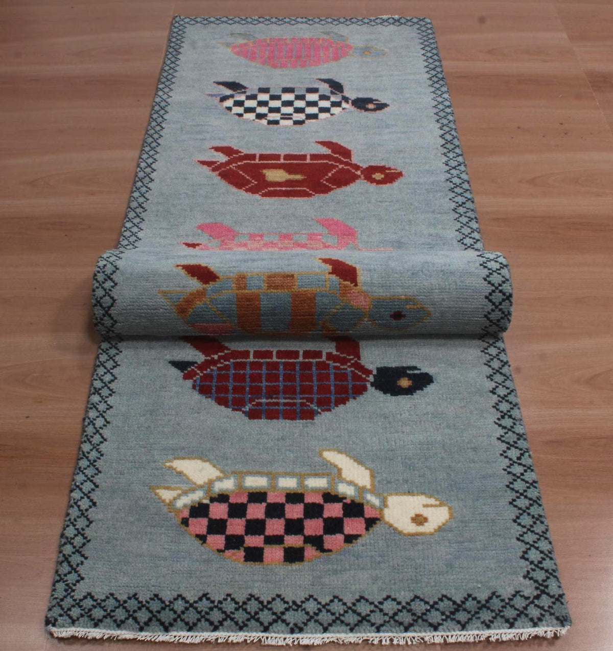 Hand-Knotted Wool Brown Light Blue Runner Rug | Custom Size Hallway & Entryway Runner | Artisan Crafted (Copy) (Copy)