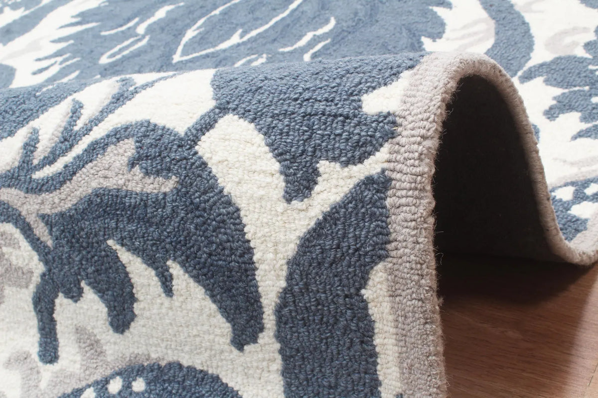 Blue Hand Tufted Wool Area Rug – Modern Botanical Floral Design in Indigo Blue and Ivory, Custom Size High Traffic Living Room Rug