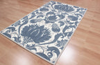 Blue Hand Tufted Wool Area Rug – Modern Botanical Floral Design in Indigo Blue and Ivory, Custom Size High Traffic Living Room Rug