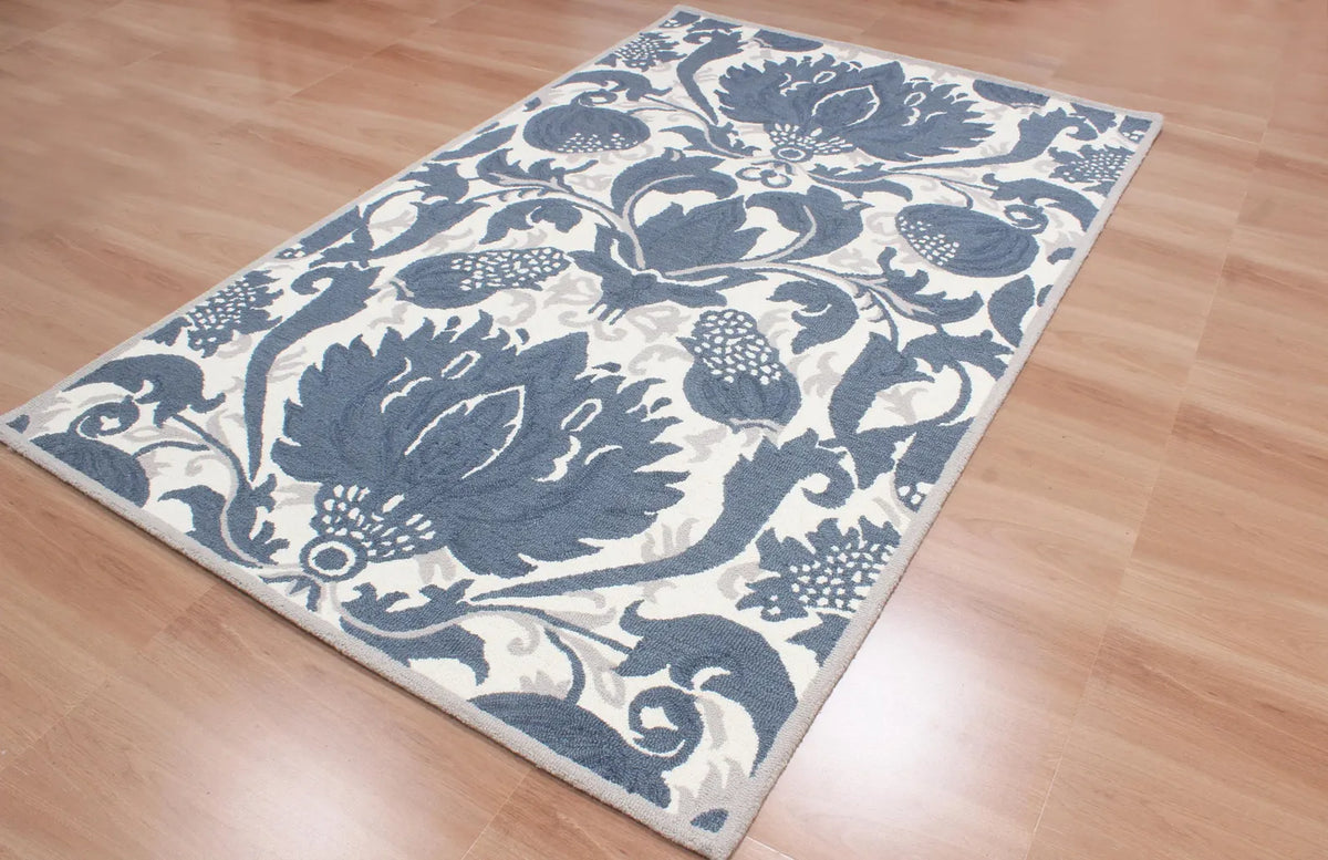 Blue Hand Tufted Wool Area Rug – Modern Botanical Floral Design in Indigo Blue and Ivory, Custom Size High Traffic Living Room Rug